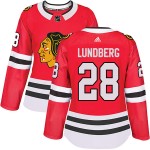 Adidas Chicago Blackhawks 28 Martin Lundberg Authentic Red Home Women's NHL Jersey
