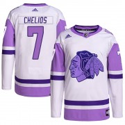 Adidas Chicago Blackhawks 7 Chris Chelios Authentic White/Purple Hockey Fights Cancer Primegreen Youth NHL Jersey
