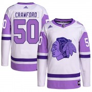 Adidas Chicago Blackhawks 50 Corey Crawford Authentic White/Purple Hockey Fights Cancer Primegreen Youth NHL Jersey