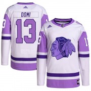 Adidas Chicago Blackhawks 13 Max Domi Authentic White/Purple Hockey Fights Cancer Primegreen Youth NHL Jersey