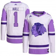 Adidas Chicago Blackhawks 1 Glenn Hall Authentic White/Purple Hockey Fights Cancer Primegreen Youth NHL Jersey