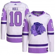 Adidas Chicago Blackhawks 10 Dennis Hull Authentic White/Purple Hockey Fights Cancer Primegreen Youth NHL Jersey