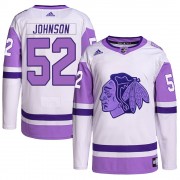 Adidas Chicago Blackhawks 52 Reese Johnson Authentic White/Purple Hockey Fights Cancer Primegreen Youth NHL Jersey