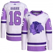 Adidas Chicago Blackhawks 16 Jujhar Khaira Authentic White/Purple Hockey Fights Cancer Primegreen Youth NHL Jersey
