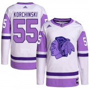 Adidas Chicago Blackhawks 55 Kevin Korchinski Authentic White/Purple Hockey Fights Cancer Primegreen Youth NHL Jersey