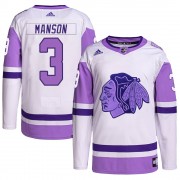Adidas Chicago Blackhawks 3 Dave Manson Authentic White/Purple Hockey Fights Cancer Primegreen Youth NHL Jersey