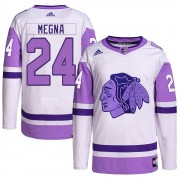 Adidas Chicago Blackhawks 24 Jaycob Megna Authentic White/Purple Hockey Fights Cancer Primegreen Youth NHL Jersey
