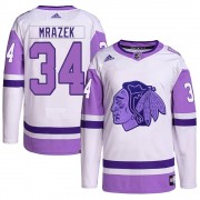 Adidas Chicago Blackhawks 34 Petr Mrazek Authentic White/Purple Hockey Fights Cancer Primegreen Youth NHL Jersey