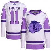 Adidas Chicago Blackhawks 11 Taylor Raddysh Authentic White/Purple Hockey Fights Cancer Primegreen Youth NHL Jersey