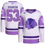Adidas Chicago Blackhawks 53 Buddy Robinson Authentic White/Purple Hockey Fights Cancer Primegreen Youth NHL Jersey