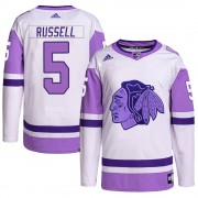 Adidas Chicago Blackhawks 5 Phil Russell Authentic White/Purple Hockey Fights Cancer Primegreen Youth NHL Jersey