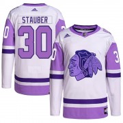 Adidas Chicago Blackhawks 30 Jaxson Stauber Authentic White/Purple Hockey Fights Cancer Primegreen Youth NHL Jersey