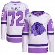 Adidas Chicago Blackhawks 72 Alex Vlasic Authentic White/Purple Hockey Fights Cancer Primegreen Youth NHL Jersey