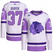 Adidas Chicago Blackhawks 37 Adam Burish Authentic White/Purple Hockey Fights Cancer Primegreen Men's NHL Jersey