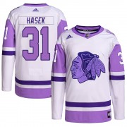 Adidas Chicago Blackhawks 31 Dominik Hasek Authentic White/Purple Hockey Fights Cancer Primegreen Men's NHL Jersey