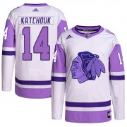 Adidas Chicago Blackhawks 14 Boris Katchouk Authentic White/Purple Hockey Fights Cancer Primegreen Men's NHL Jersey