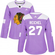 Adidas Chicago Blackhawks 27 Lukas Reichel Authentic Purple Fights Cancer Practice Women's NHL Jersey