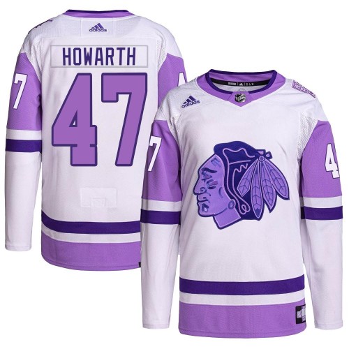 Adidas Chicago Blackhawks 47 Kale Howarth Authentic White/Purple Hockey Fights Cancer Primegreen Youth NHL Jersey