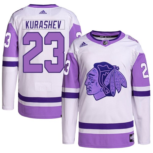 Adidas Chicago Blackhawks 23 Philipp Kurashev Authentic White/Purple Hockey Fights Cancer Primegreen Youth NHL Jersey