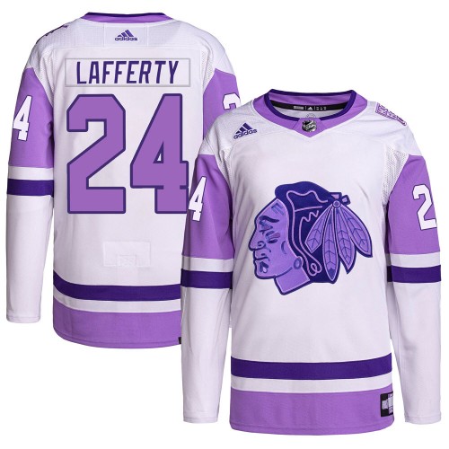 Adidas Chicago Blackhawks 24 Sam Lafferty Authentic White/Purple Hockey Fights Cancer Primegreen Youth NHL Jersey