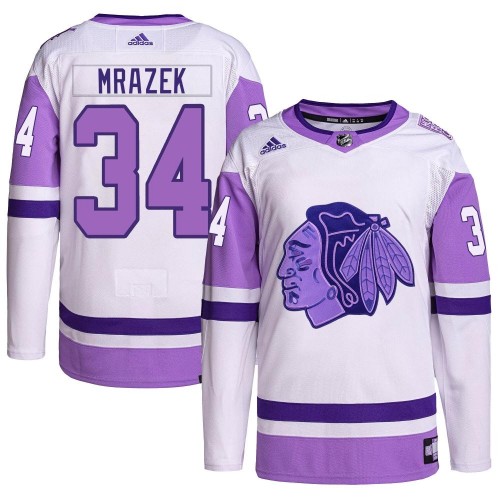 Adidas Chicago Blackhawks 34 Petr Mrazek Authentic White/Purple Hockey Fights Cancer Primegreen Youth NHL Jersey