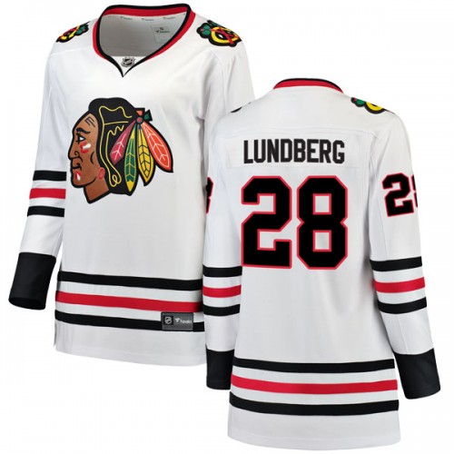 Fanatics Branded Chicago Blackhawks 28 Martin Lundberg White Breakaway Away Women's NHL Jersey