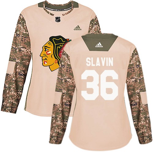 Chicago Blackhawks 36 Josiah Slavin Authentic Camo adidas Veterans Day Practice Women's NHL Jersey