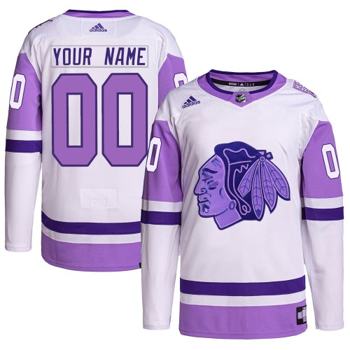 Adidas Chicago Blackhawks 00 Custom Authentic White/Purple Custom Hockey Fights Cancer Primegreen Men's NHL Jersey