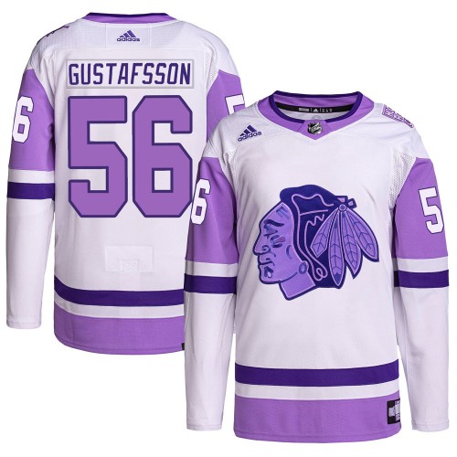 Adidas Chicago Blackhawks 56 Erik Gustafsson Authentic White/Purple Hockey Fights Cancer Primegreen Men's NHL Jersey