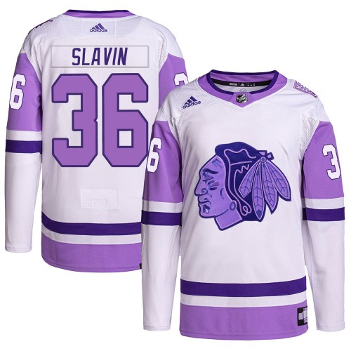 Adidas Chicago Blackhawks 36 Josiah Slavin Authentic White/Purple Hockey Fights Cancer Primegreen Men's NHL Jersey