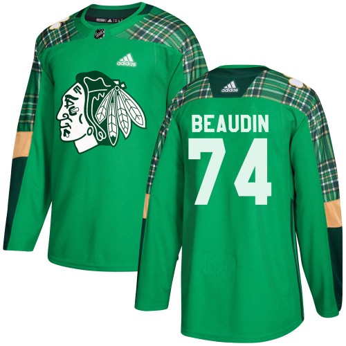 Adidas Chicago Blackhawks 74 Nicolas Beaudin Authentic Green ized St. Patrick's Day Practice Men's NHL Jersey
