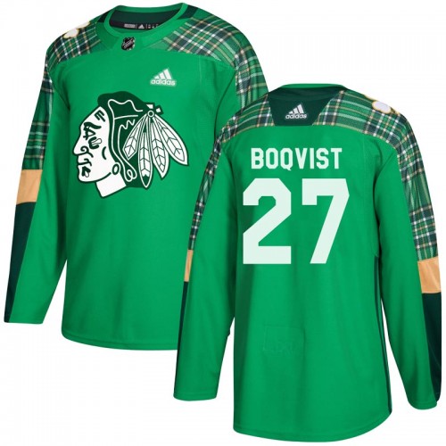 Adidas Chicago Blackhawks 27 Adam Boqvist Authentic Green St. Patrick's Day Practice Men's NHL Jersey