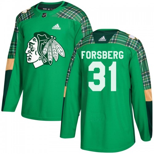 Adidas Chicago Blackhawks 31 Anton Forsberg Authentic Green St. Patrick's Day Practice Men's NHL Jersey