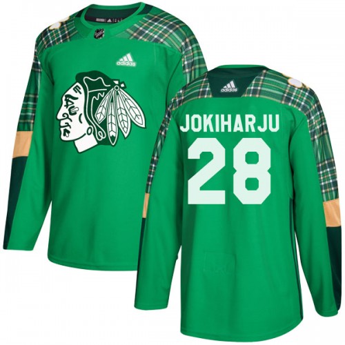 Adidas Chicago Blackhawks 28 Henri Jokiharju Authentic Green St. Patrick's Day Practice Men's NHL Jersey