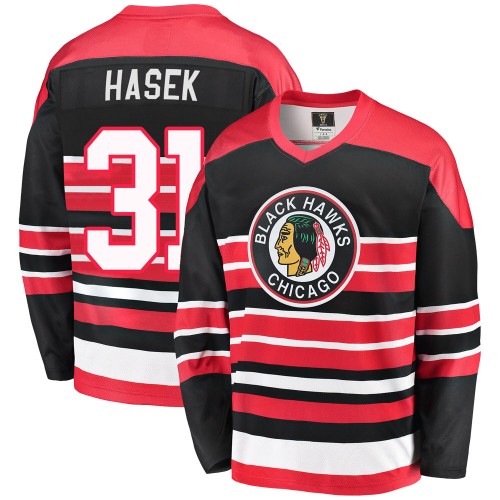 Fanatics Branded Chicago Blackhawks 31 Dominik Hasek Premier Red/Black Breakaway Heritage Men's NHL Jersey