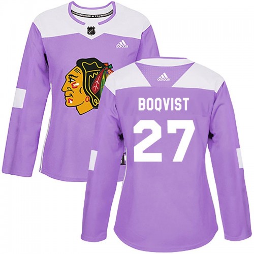 Adidas Chicago Blackhawks 27 Adam Boqvist Authentic Purple Fights Cancer Practice Women's NHL Jersey