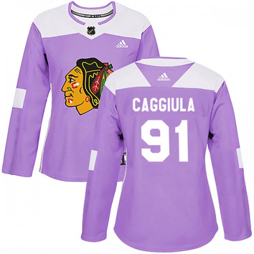 Adidas Chicago Blackhawks 91 Drake Caggiula Authentic Purple Fights Cancer Practice Women's NHL Jersey