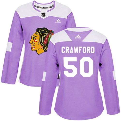 Adidas Chicago Blackhawks 50 Corey Crawford Authentic Purple Fights Cancer Practice Women's NHL Jersey