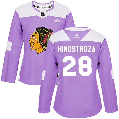 Adidas Chicago Blackhawks 28 Vinnie Hinostroza Authentic Purple Fights Cancer Practice Women's NHL Jersey