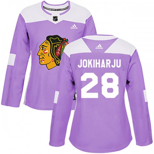 Adidas Chicago Blackhawks 28 Henri Jokiharju Authentic Purple Fights Cancer Practice Women's NHL Jersey