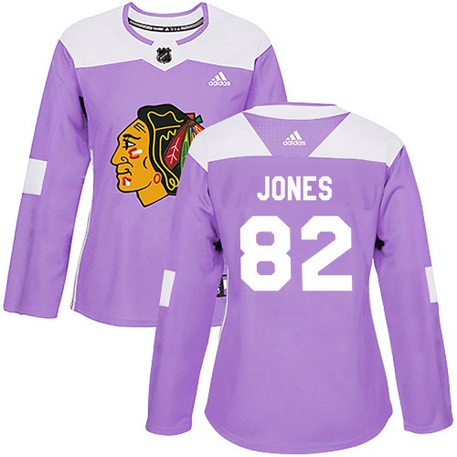 Adidas Chicago Blackhawks 82 Caleb Jones Authentic Purple Fights Cancer Practice Women's NHL Jersey