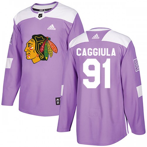 Adidas Chicago Blackhawks 91 Drake Caggiula Authentic Purple Fights Cancer Practice Men's NHL Jersey