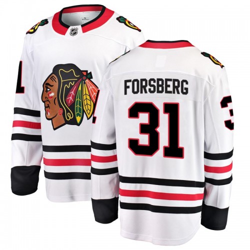 Fanatics Branded Chicago Blackhawks 31 Anton Forsberg White Breakaway Away Youth NHL Jersey
