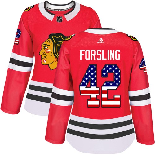 Adidas Chicago Blackhawks 42 Gustav Forsling Authentic Red USA Flag Fashion Women's NHL Jersey