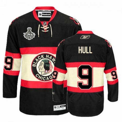 Reebok Chicago Blackhawks 9 Bobby Hull Premier Black New Third Man NHL Jersey with Stanley Cup Finals