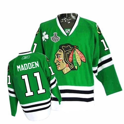 Reebok Chicago Blackhawks 11 John Madden Authentic Green Man NHL Jersey with Stanley Cup Finals