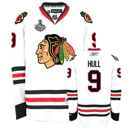 Reebok Chicago Blackhawks 9 Bobby Hull Premier White Man NHL Jersey with Stanley Cup Finals