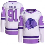 Adidas Chicago Blackhawks 91 Frank Nazar Authentic White/Purple Hockey Fights Cancer Primegreen Men's NHL Jersey