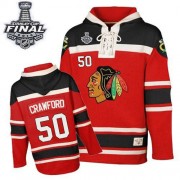 Chicago Blackhawks 50 Corey Crawford Authentic Red Old Time Hockey Sawyer Hooded Sweatshirt 2015 Stanley Cup Patch