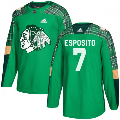 Adidas Chicago Blackhawks 7 Phil Esposito Authentic Green St. Patrick's Day Practice Youth NHL Jersey